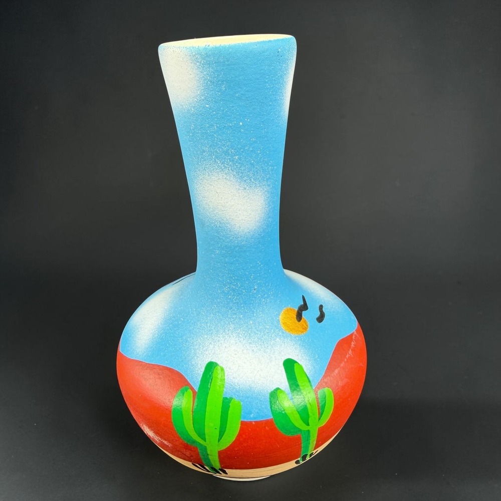 Tesa by Maack Co Desert Landscape Pottery Vase Hand Painted Cactus 5in Blue Red